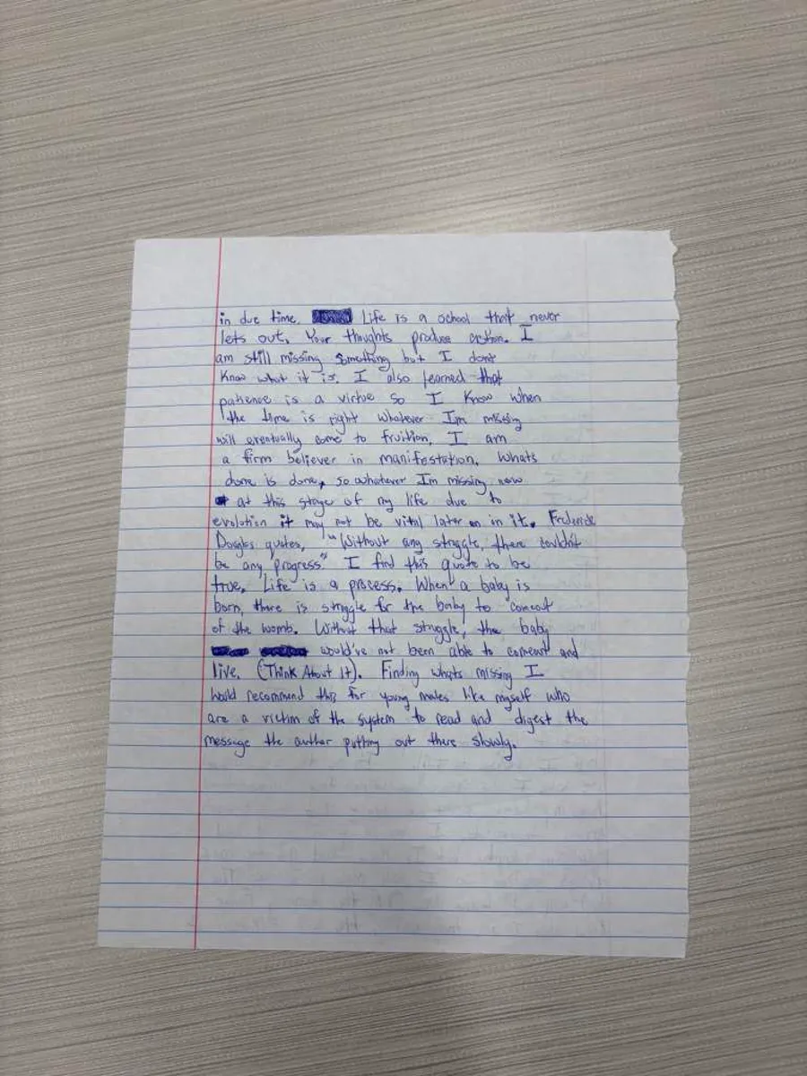Handwritten letter quoting Frederick Douglass