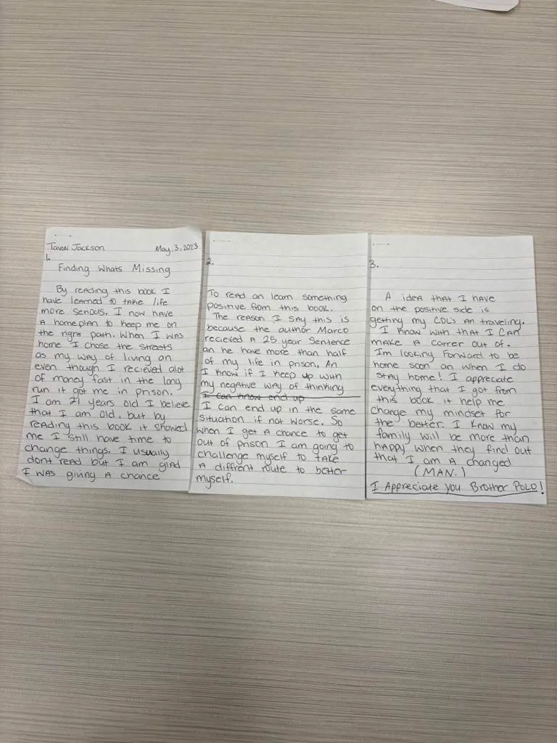 Handwritten letter from Tavon Jackson